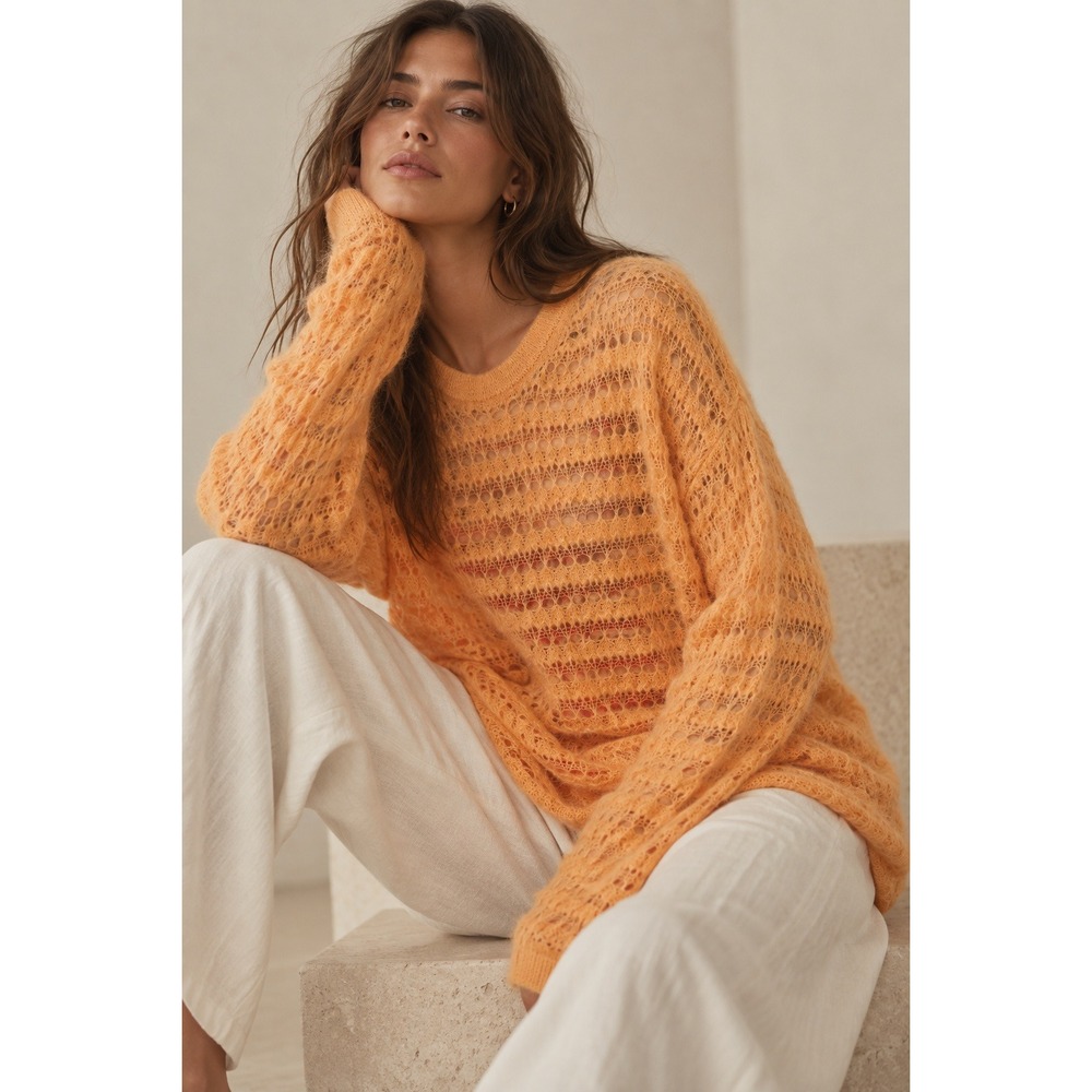 Anthropologie Fuzzy Sweater S Orange Open Pointelle Knit Wool Blend Boho Pastel